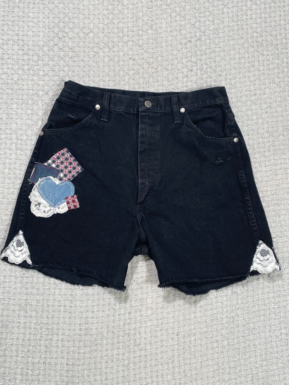 Women’s Wrangler 14MWZWK Black Patchwork Lace Cut Off Jean Shorts Upcycled Sz 11